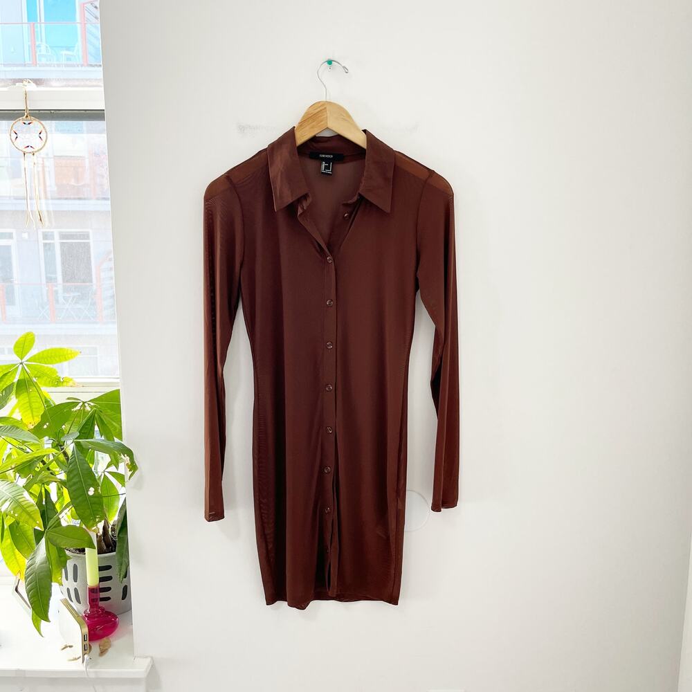 Forever 21 Brown Mesh Button Up Long Sleeve Dress Size Small
